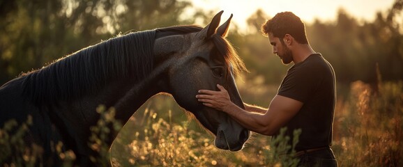 A man stands in a tranquil outdoor setting, gently stroking the face of a horse with a tender expression. The warm light of sunset creates a peaceful atmosphere