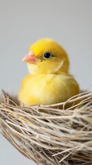 A beautiful yellow canary chick perched in a nest, exuding cuteness and innocence.
