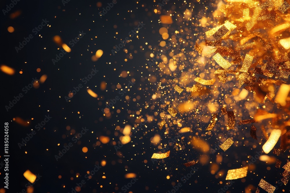 Poster a dazzling display of golden confetti and glitter floating through a dark backdrop, creating a festi