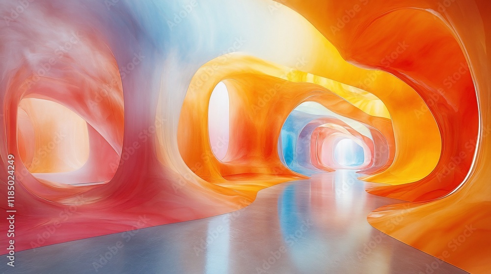 Poster abstract colorful tunnel with smooth curves and glowing light.