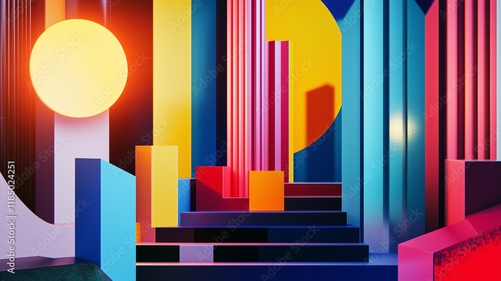 Aufkleber vibrant geometric overlays and bar charts create a dynamic visual composition in a modern digital re