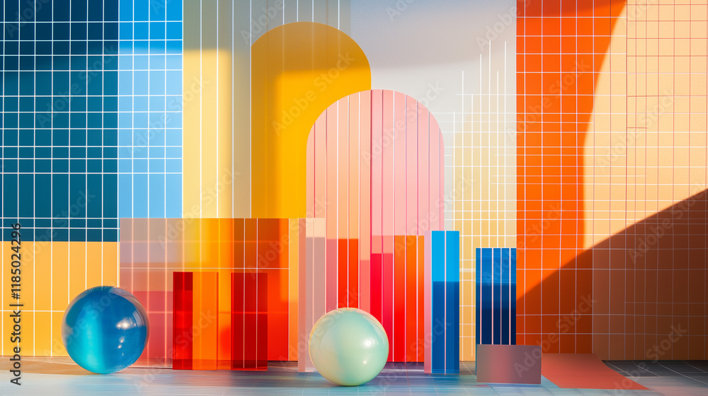 Aufkleber vibrant bar charts and geometric overlays create a dynamic visual experience in a brightly lit space