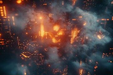 Futuristic glowing graphs emerging above a vibrant, illuminated cityscape at night showcasing advanced technology