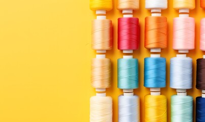 Bright colors sewing threads on spools on a yellow background. Sewing flat lay with copy space. Craft, hobby wallpaper