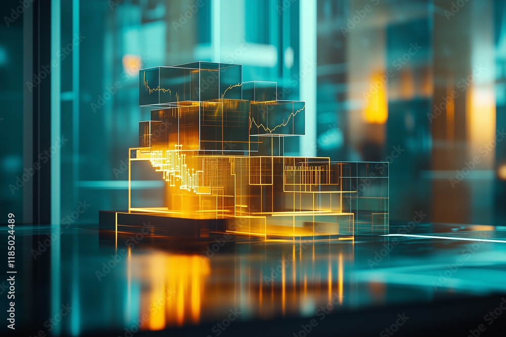 Poster layered metallic geometrical shapes with glowing accents creating a futuristic display in a modern i