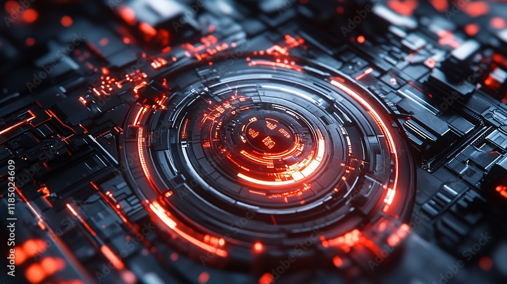 Poster Futuristic motherboard cpu processing data with orange lights