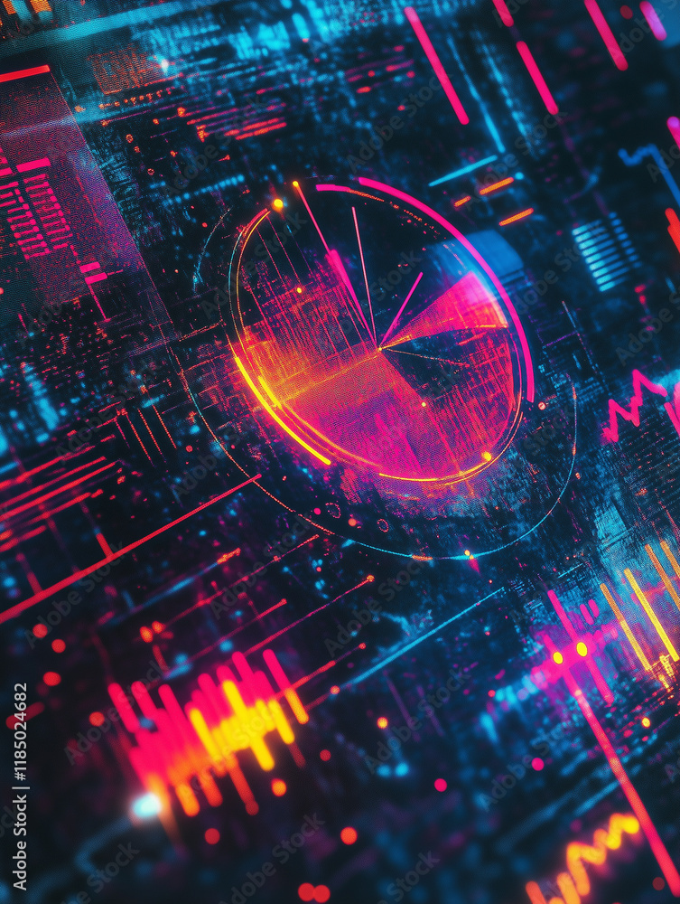 Aufkleber visual representation of neon holographic pie charts displaying data trends in a vibrant digital lan