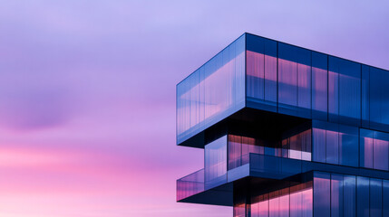 Modern glass building illuminated by sunset in a vibrant purple and pink sky
