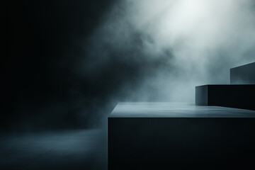 Layers of fog and light creating an ethereal atmosphere in a minimalist space with geometric shapes
