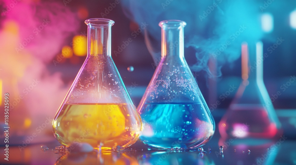 Poster chemical reaction creating colorful smoke and bubbles in erlenmeyer flasks