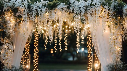 A romantic wedding arch with cascading white wisteria and soft fairy lights 