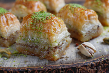 Turkish-style pistachio baklava with a glass of milk.
