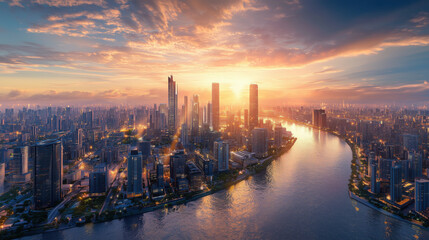 Fototapeta premium Highly Detailed Cityscape with Skyline, Modern Skyscrapers Reflecting Sunrise, a Sprawling River Winding Through the City, Capturing Shimmering Water and Intricate Architectural Textures