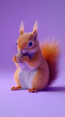 Adorable orange squirrel holding a nut against a soft purple background, exuding charm and cuteness.