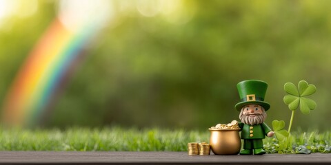 st patricks day decor, happy leprechaun statue by pot of gold coins, under colorful rainbow