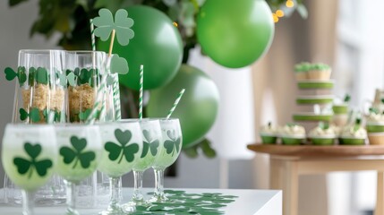 st patricks day celebration, saint patricks day party with green balloons, shamrock garlands, and a table filled with treats and drinks in green hues