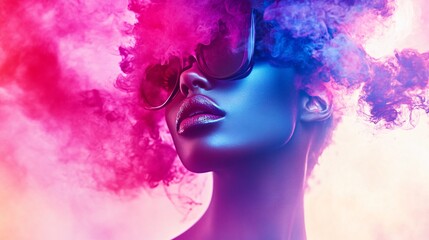 Fototapeta premium Fashion model posing with colorful smoke and sunglasses
