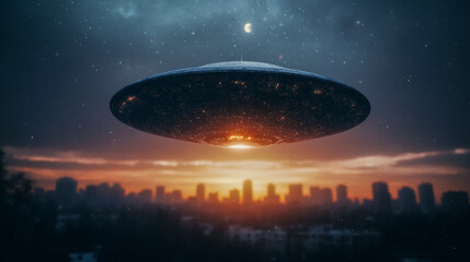 Naklejka premium Mysterious UFO hovers over city skyline at sunset with glowing lights and starry sky