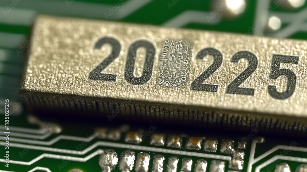 Poster close-up of a circuit board component with engraved numbers, showcasing electronic design.