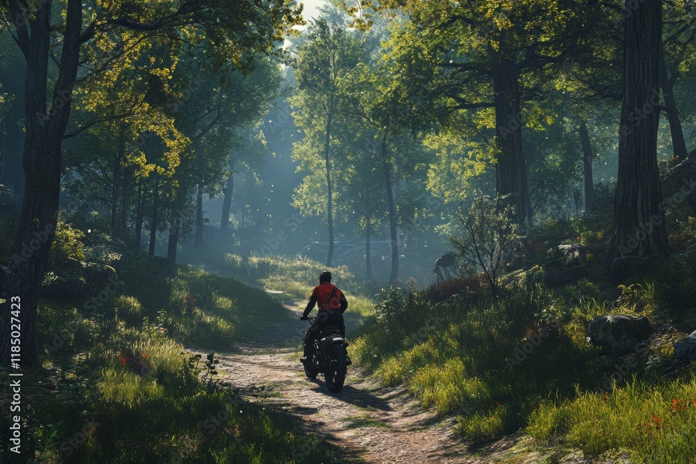 Poster a rider expertly maneuvers through a tranquil forest path surrounded by tall trees and lush foliage.