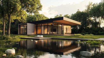 Fototapeta premium Modern house reflecting in pond at sunset surrounded by trees