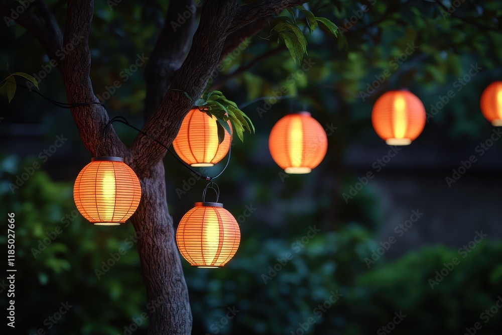 Poster glowing orange lanterns hanging from a tree, creating a warm and inviting atmosphere at night.