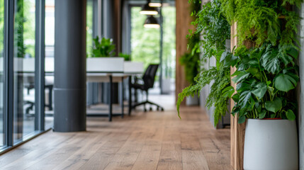 Fototapeta premium Modern office interior with greenery and open workspace design featuring wooden flooring