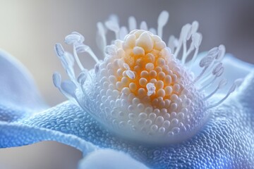 Fototapeta premium Close-up of a flower's reproductive organs, showcasing intricate details and pastel colors.