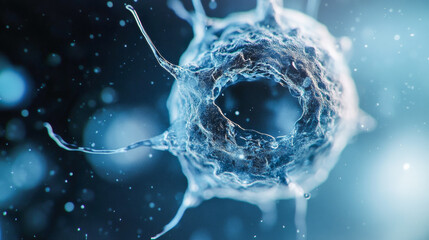 Representation of a cell under a microscope showcasing intricate structures and fluid dynamics in a scientific setting