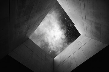 A square opening in a concrete structure reveals a starry night sky, a contrast of the man-made and the cosmos.