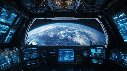 Futuristic blue hologram display screen technology in earth orbit in the space. global information and connection concept, communication system interface, internet visualization dashboard.