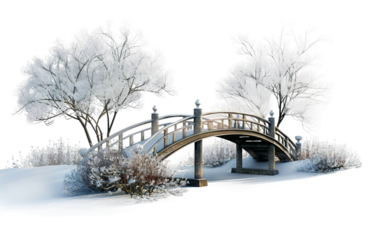 A Tranquil Winter Scene with a Bridge Covered in Snow in a Peaceful Setting Isolated on Transparent Background PNG