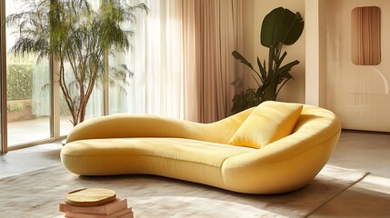 A pastel lemon-yellow sofa designed with a low-profile frame and plush seating 