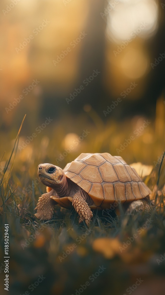 Poster a close-up of a tortoise walking through autumn leaves, showcasing its unique shell patterns under g