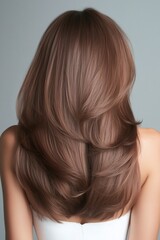 Fototapeta premium professional studio photo of shiny, layered brunette hair with soft waves cascading naturally, shot from the back