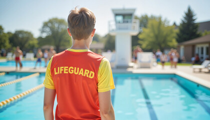 Young lifeguard observing swimmers at pool, promoting safety awareness
