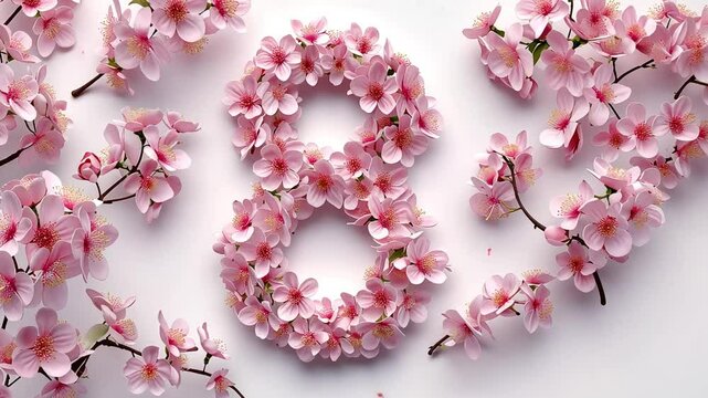 Animated banner with number eight made from pink flowers. Concept template for  women's day, spring holidays with place for text