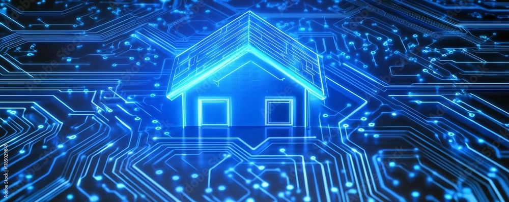 Poster glowing house icon emerging from futuristic circuit board symbolizing smart home technology
