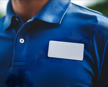 a closeup photograph of an Employee wearing a Cerulian Blue Golf Polo with a Large rectangular blank plastic Employee Nametag on it The image should be concentrating