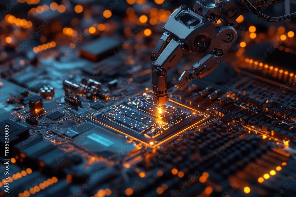 Poster a robotic arm delicately manipulates a microchip on a circuit board, highlighting advanced technolog