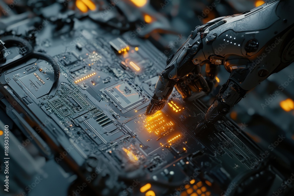 Aufkleber close-up of a robotic hand interacting with a circuit board, showcasing advanced technology and glow