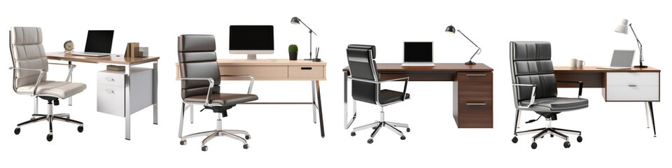 Modern office desk and chair isolated on transparent background, Set of