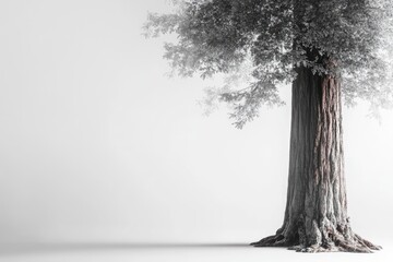 Fototapeta premium A majestic, solitary tree stands in a misty, white landscape, its aged trunk and branches reaching towards the sky.