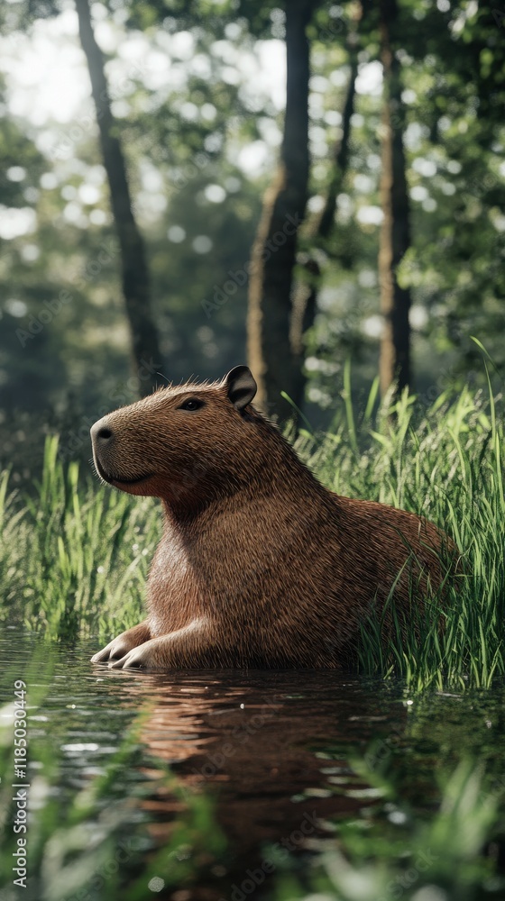 Poster a calm capybara resting by the water's edge, surrounded by lush greenery and dappled sunlight.