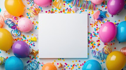 A festive arrangement featuring colorful balloons, confetti, and a blank canvas, ideal for a celebration or party invitation design.