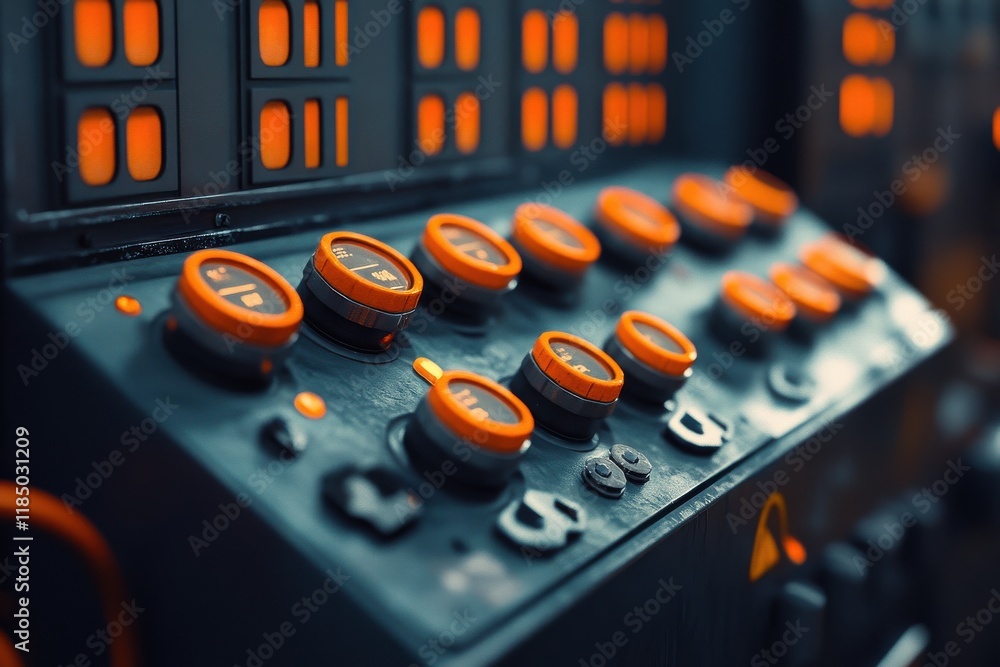 Poster close-up of industrial control panel with orange-lit buttons and dials, emphasizing technology and p