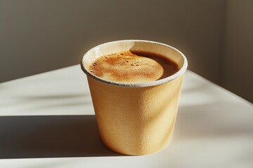 A warm cup of coffee in a light brown paper cup, bathed in soft sunlight, creating a cozy atmosphere.