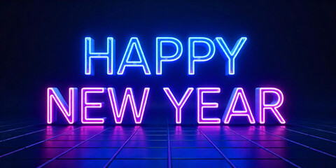 The words "HAPPY NEW YEAR" in blue and pink holographic neon form float in the middle of the image. Straight front view, The dark blue background contrasts with the letters,