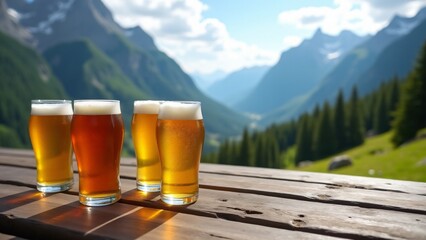Cold beers set against a majestic mountain backdrop, celebrating National Beer Day in the great outdoors, where the beauty of nature and the enjoyment of beer come together.