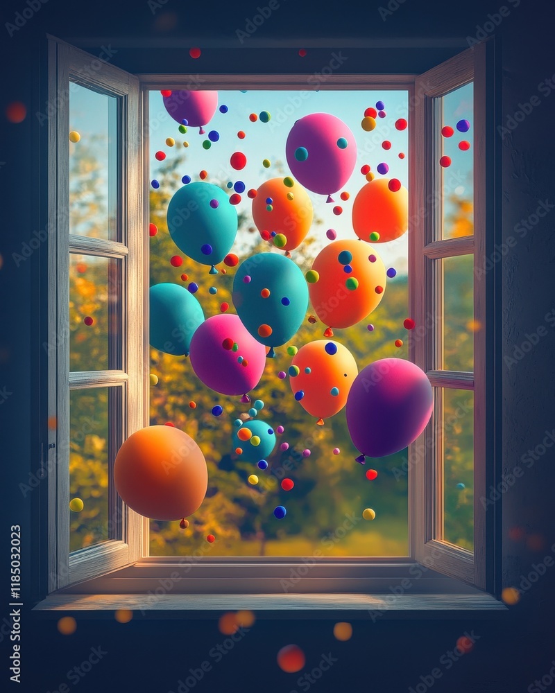 Aufkleber colorful balloons and confetti floating through an open window, creating a festive and vibrant atmos